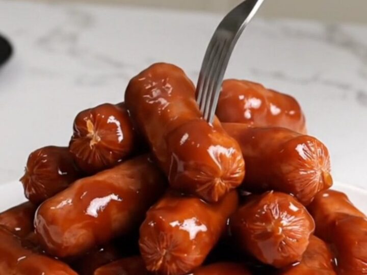 A close-up of plump mini smoked sausages coated in a thick, dark, and glossy barbecue glaze on a white plate.