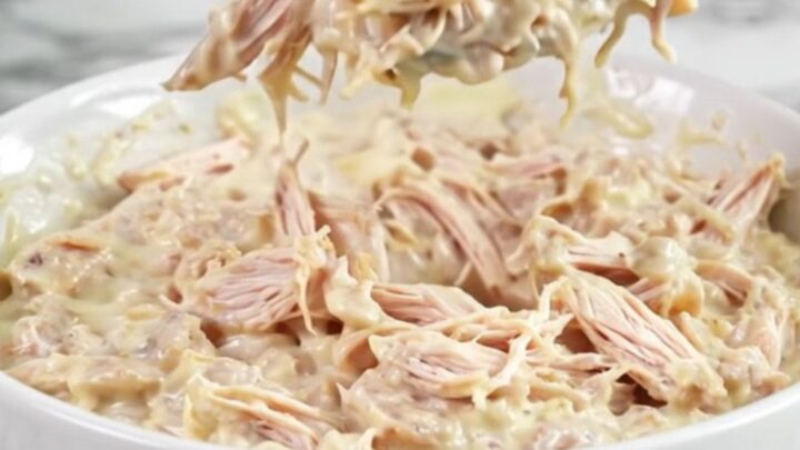 A close-up of creamy Texas Trash Chicken Dip in a white bowl with a spoon, showing a rich, melted cheese texture.