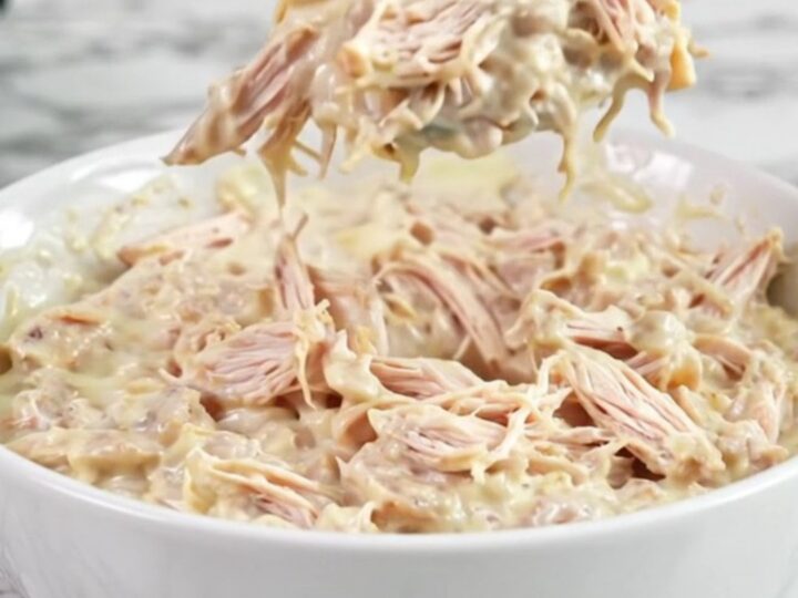 A close-up of creamy Texas Trash Chicken Dip in a white bowl with a spoon, showing a rich, melted cheese texture.