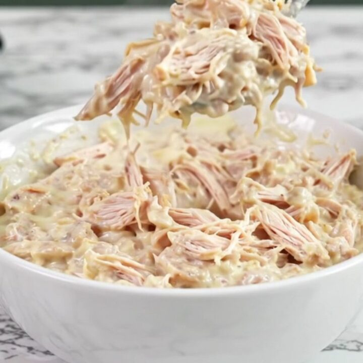 A close-up of creamy Texas Trash Chicken Dip in a white bowl with a spoon, showing a rich, melted cheese texture.