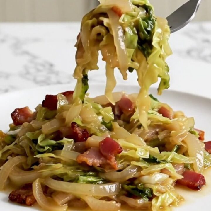 A close-up of tender, slow-cooked German hot bacon cabbage served on a white plate.