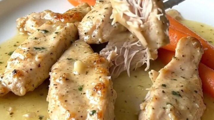 Slow cooker filled with cooked chicken tenders, baby carrots, and a creamy garlic parmesan sauce.