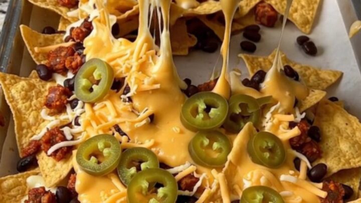 A sheet pan filled with golden tortilla chips topped with cooked chorizo, black beans, melted cheese, and jalapeno slices.