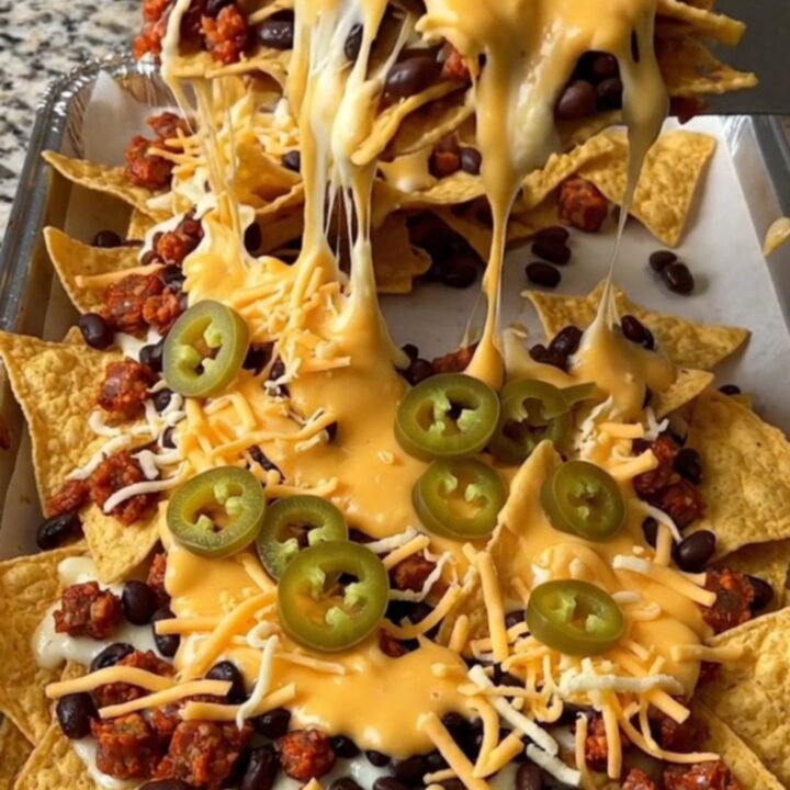 A sheet pan filled with golden tortilla chips topped with cooked chorizo, black beans, melted cheese, and jalapeno slices.