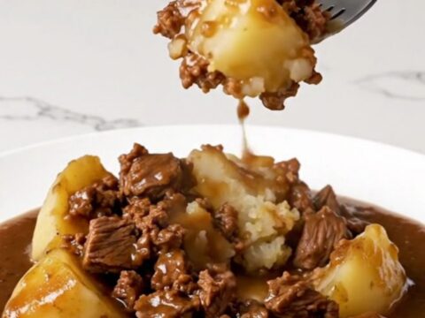 A close-up of a bowl filled with tender ground beef, soft potato chunks, and rich brown gravy.