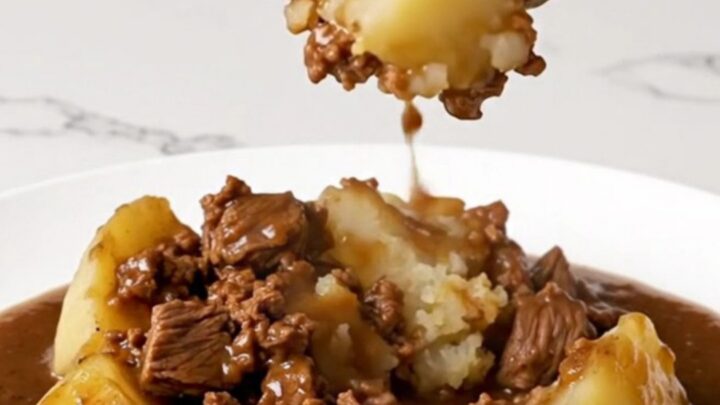 A close-up of a bowl filled with tender ground beef, soft potato chunks, and rich brown gravy.