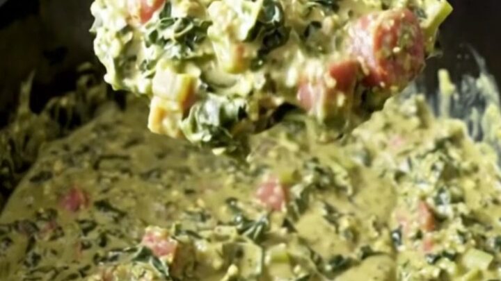 A close-up view of the creamy Southern swamp dip in a black slow cooker insert, showing bits of sausage and greens.