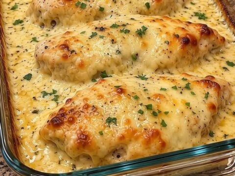A close-up of tender, golden-brown chicken breasts topped with a rich, bubbling garlic parmesan sauce in a glass dish.