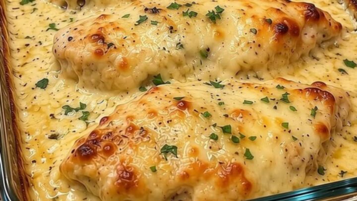 A close-up of tender, golden-brown chicken breasts topped with a rich, bubbling garlic parmesan sauce in a glass dish.