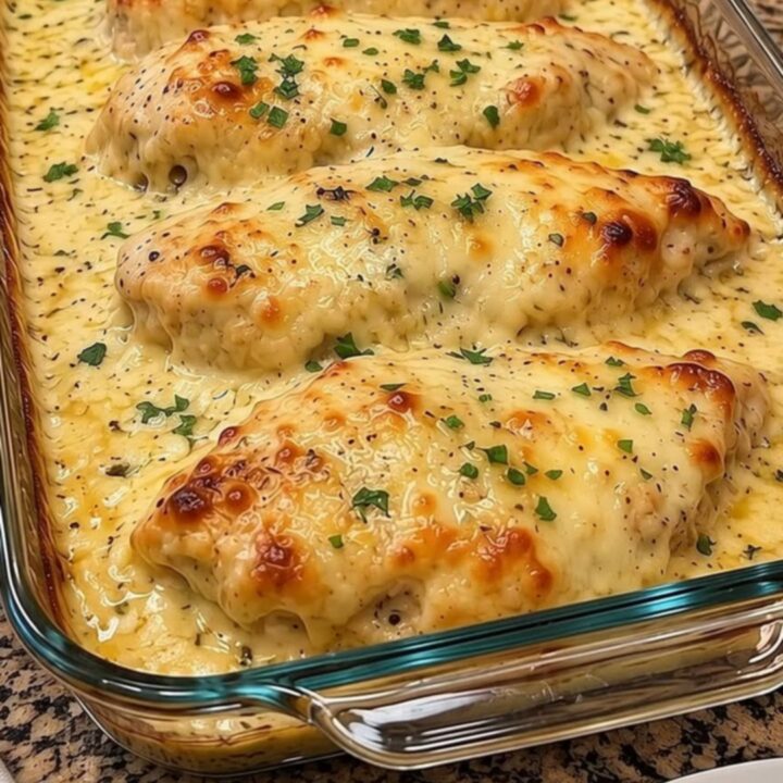 A close-up of tender, golden-brown chicken breasts topped with a rich, bubbling garlic parmesan sauce in a glass dish.