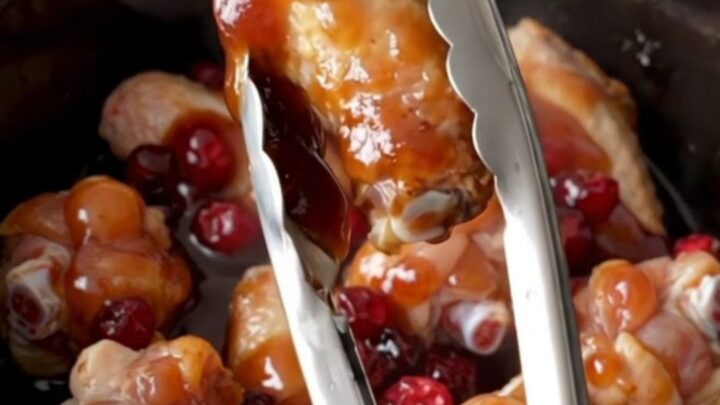 A close-up of tender, glazed chicken wings in a slow cooker, featuring dark red cranberry hoisin sauce and soft cranberries.