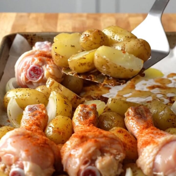 Crispy golden-brown chicken drumsticks roasted on a sheet pan with baby potatoes and onions.