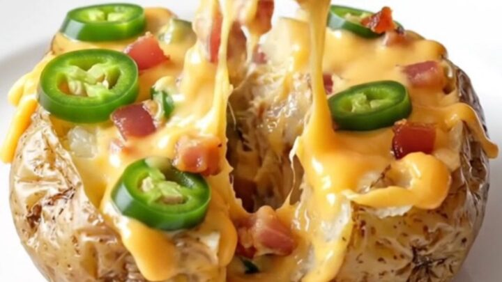 A slow cooker filled with creamy baby potatoes topped with melted cheddar, jalapeños, and crispy bacon.