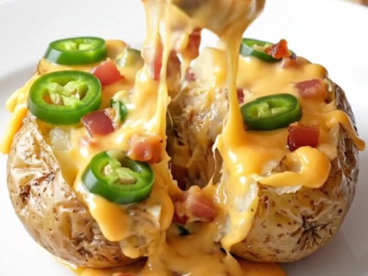 A slow cooker filled with creamy baby potatoes topped with melted cheddar, jalapeños, and crispy bacon.