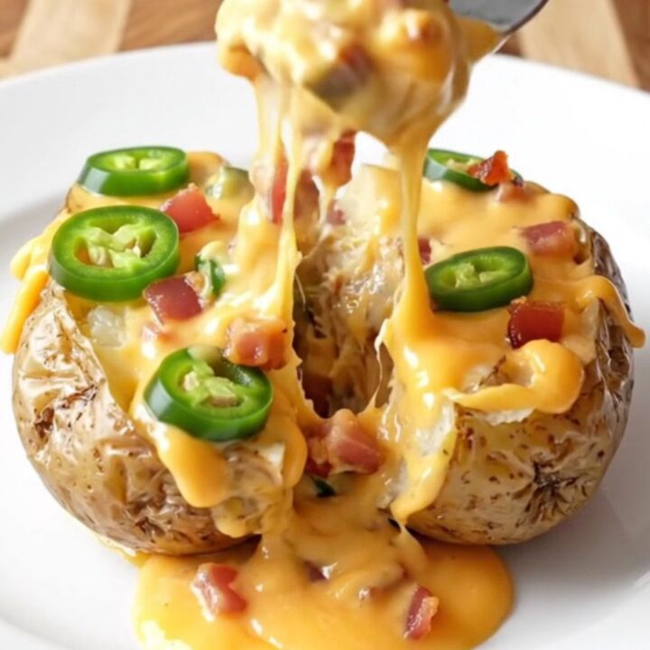 A slow cooker filled with creamy baby potatoes topped with melted cheddar, jalapeños, and crispy bacon.