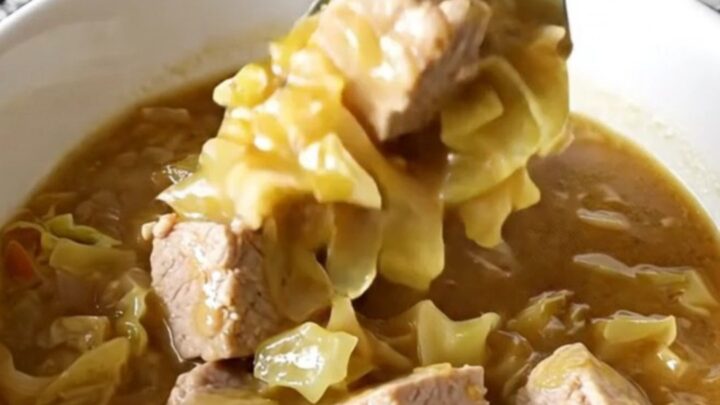 A close-up of a white bowl filled with pork and cabbage stew, showing tender pork cubes and soft cabbage.