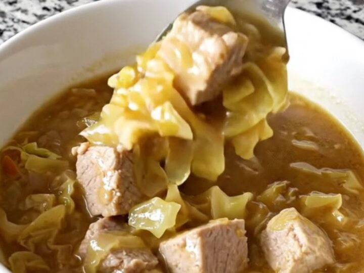 A close-up of a white bowl filled with pork and cabbage stew, showing tender pork cubes and soft cabbage.