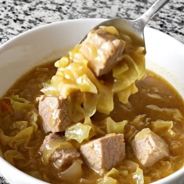 A close-up of a white bowl filled with pork and cabbage stew, showing tender pork cubes and soft cabbage.