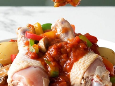 A rustic slow cooker filled with chicken drumsticks, halved baby potatoes