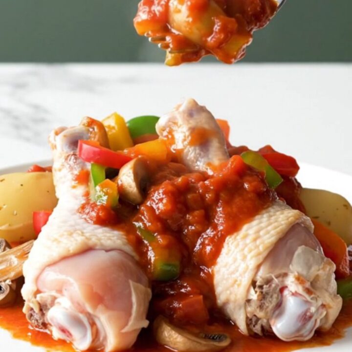 A rustic slow cooker filled with chicken drumsticks, halved baby potatoes