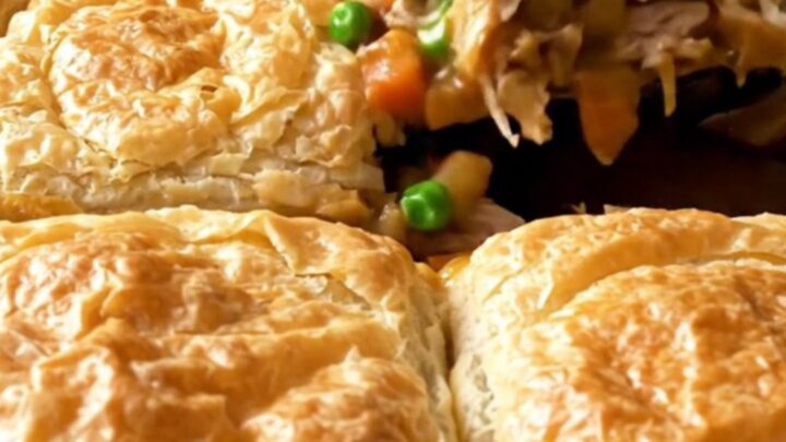 A golden, crispy sheet pan turkey pot pie with visible chunks of turkey and vegetables.