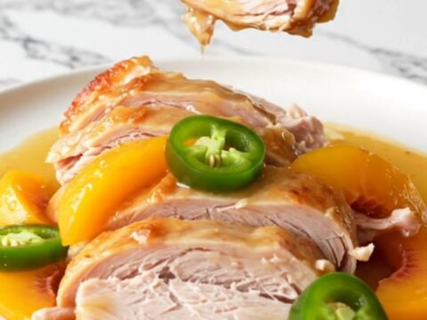 A whole boneless turkey breast cooking in a black slow cooker with peach slices and jalapeños.