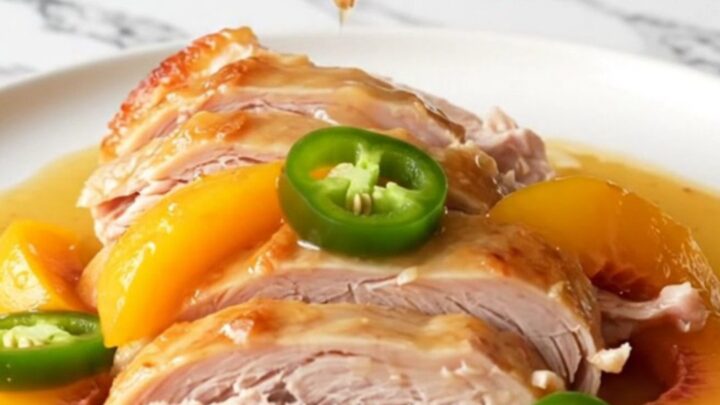A whole boneless turkey breast cooking in a black slow cooker with peach slices and jalapeños.