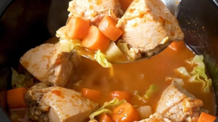 A hearty bowl of chicken booyah stew with visible chunks of chicken, carrots, and potatoes in a rich tomato base.