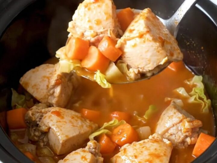 A hearty bowl of chicken booyah stew with visible chunks of chicken, carrots, and potatoes in a rich tomato base.