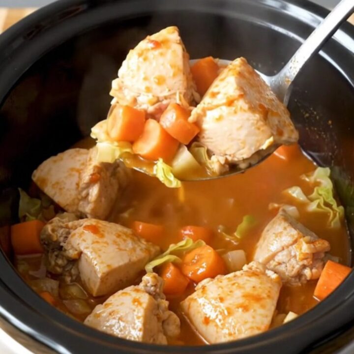 A hearty bowl of chicken booyah stew with visible chunks of chicken, carrots, and potatoes in a rich tomato base.