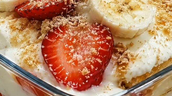 A close-up of a glass dish filled with layers of creamy vanilla pudding, sliced strawberries, bananas, and vanilla wafers.
