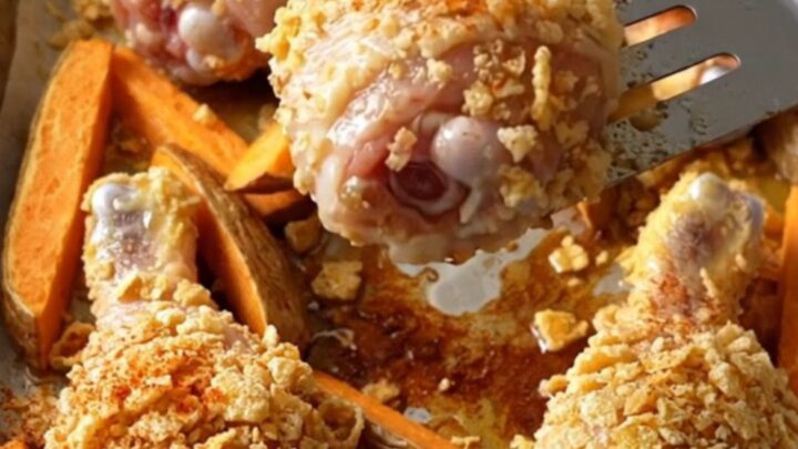 A sheet pan filled with golden cornflake-crusted chicken drumsticks and roasted sweet potato wedges.