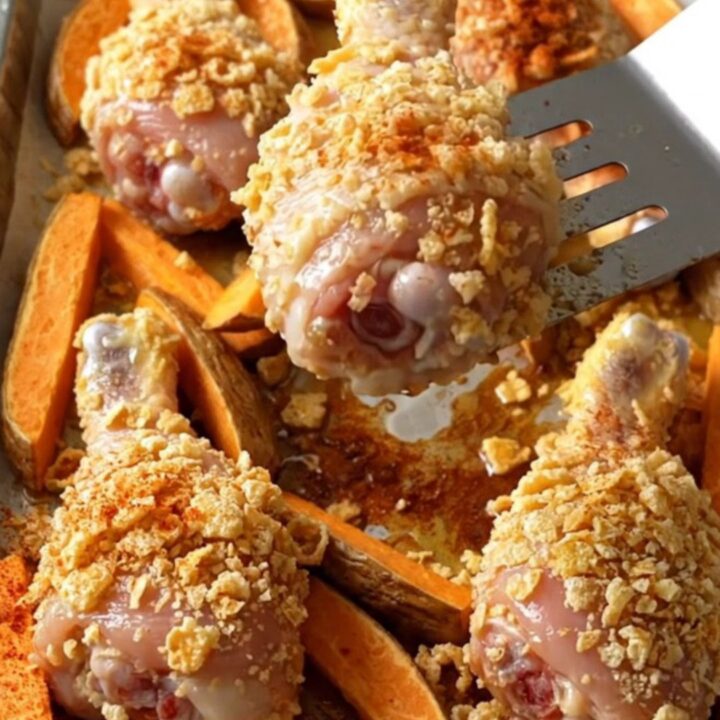 A sheet pan filled with golden cornflake-crusted chicken drumsticks and roasted sweet potato wedges.