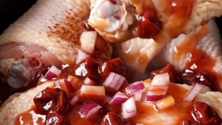 Slow cooker cherry chipotle chicken thighs with a rich dark red glaze served on a white plate.
