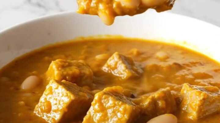 A bowl of hearty pork and pumpkin white bean chili with tender pork cubes and a thick orange sauce.