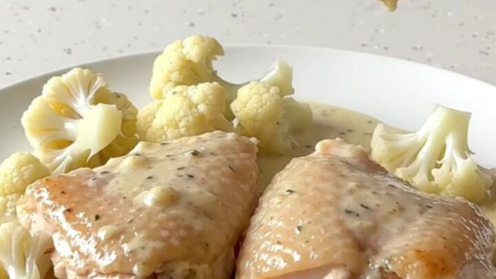Creamy chicken Alfredo thighs with cauliflower in a black slow cooker insert.