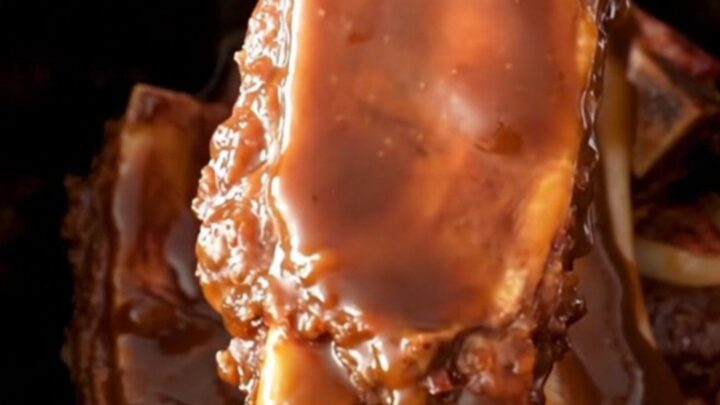 A close-up of tender, molasses-glazed country-style ribs served in a rustic dish with soft onions.