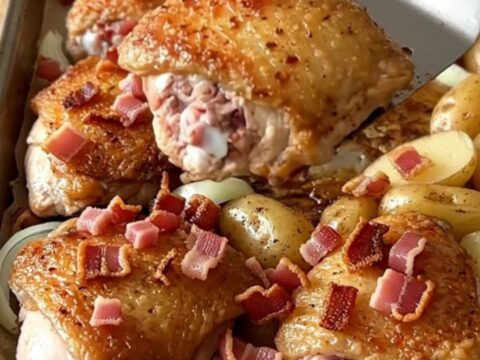A sheet pan filled with golden-brown roasted chicken thighs, halved baby potatoes, and white onions.