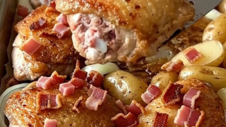 A sheet pan filled with golden-brown roasted chicken thighs, halved baby potatoes, and white onions.