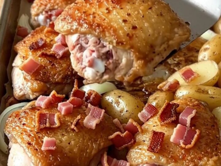 A sheet pan filled with golden-brown roasted chicken thighs, halved baby potatoes, and white onions.