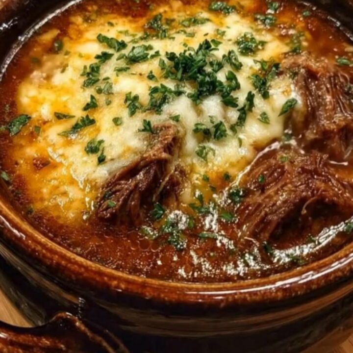 A rustic glazed brown crock of rich short rib onion soup topped with blistered, melted Gruyere cheese.