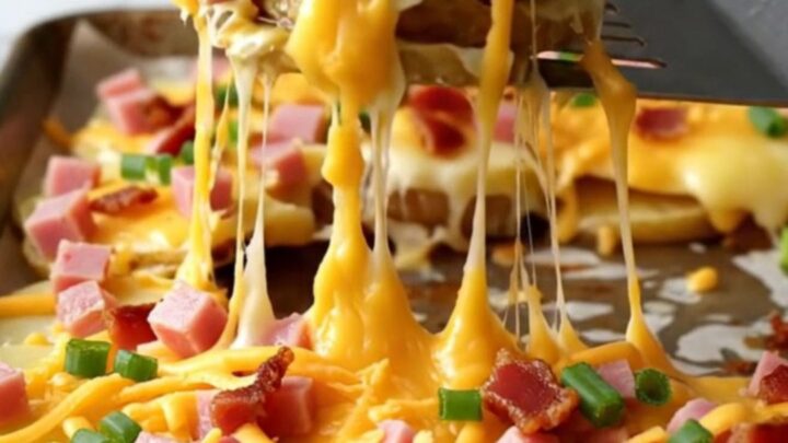 A sheet pan filled with golden, crispy potato rounds topped with melted cheddar, ham cubes, and bacon bits.