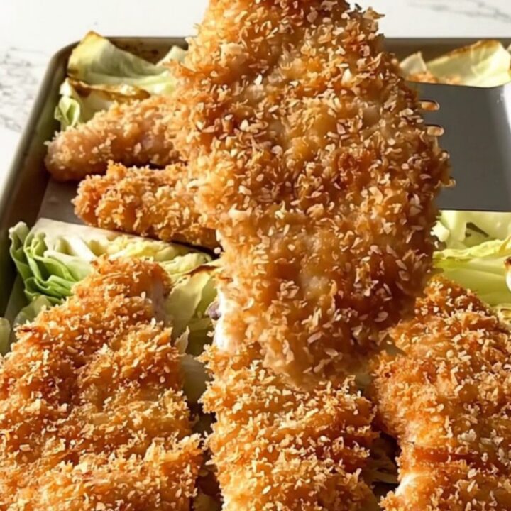 A golden-brown panko-crusted chicken cutlet next to roasted cabbage wedges on a sheet pan.