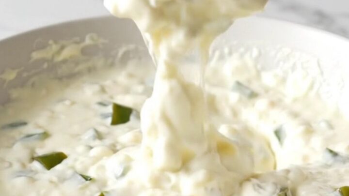 A bowl of creamy white queso with visible bits of roasted poblano peppers, ready for dipping.