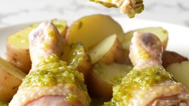 A close-up view of cooked chicken drumsticks and red potatoes served with salsa verde in a slow cooker.