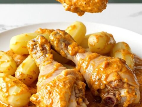 A close-up of slow-cooked butter chicken drumsticks and baby potatoes in a rich, creamy orange sauce.