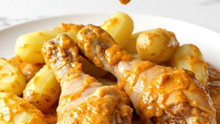A close-up of slow-cooked butter chicken drumsticks and baby potatoes in a rich, creamy orange sauce.
