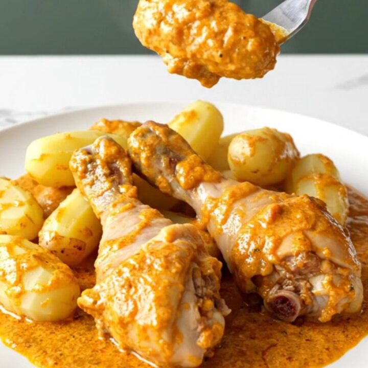 A close-up of slow-cooked butter chicken drumsticks and baby potatoes in a rich, creamy orange sauce.