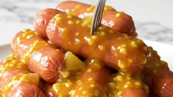 A slow cooker filled with cocktail sausages coated in a thick, golden pineapple-mustard Jezebel sauce.