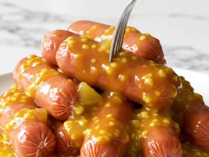 A slow cooker filled with cocktail sausages coated in a thick, golden pineapple-mustard Jezebel sauce.